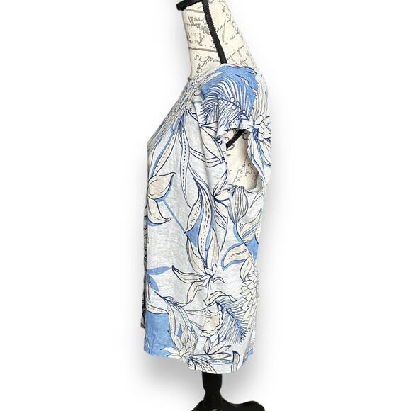 H Halston Blue Floral Linen Button Back Cap Sleeve Top Small - Picture 5 of 7